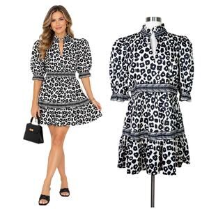 Gretchen Scott | Teardrop Black Cream White Leopard Print Ruffle Tiered Dress XL